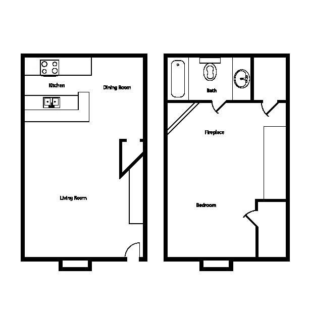 Modern floor plan showcasing a cozy living room, spacious kitchen with dining area, and a bedroom featuring a fireplace and ensuite bath.