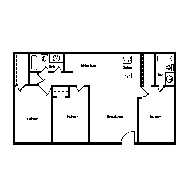 Modern floor plan showcasing 3 bedrooms, spacious living room, dining area, and a well-equipped kitchen. Ideal for comfortable family living.