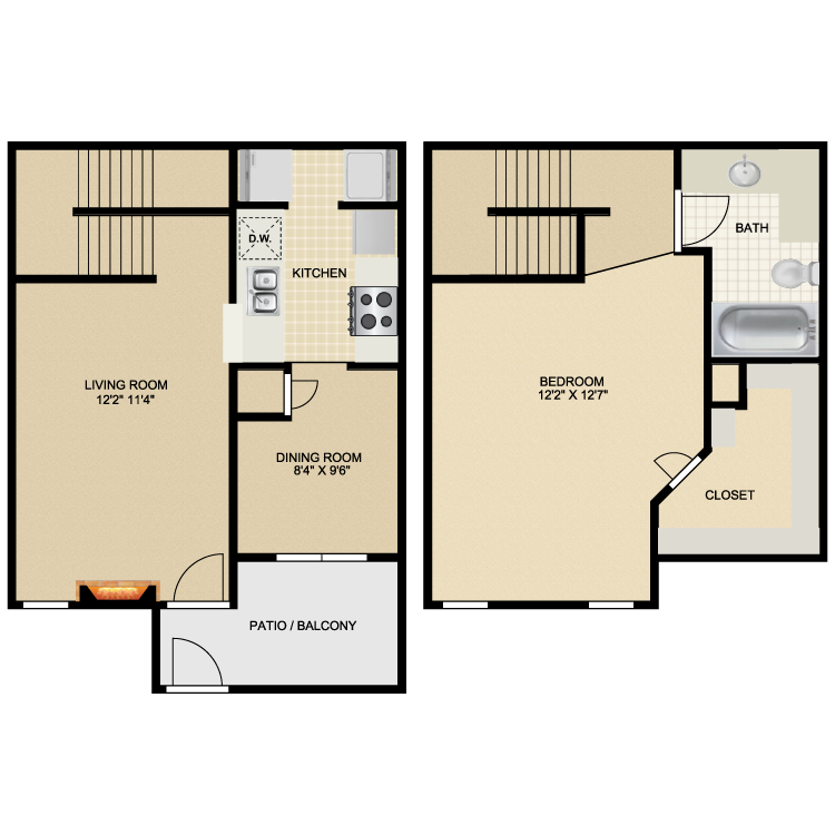 Charming two-story apartment floor plan highlighting a spacious living room, modern kitchen, cozy dining area, master bedroom with en-suite bath, and a private patio for outdoor relaxation.