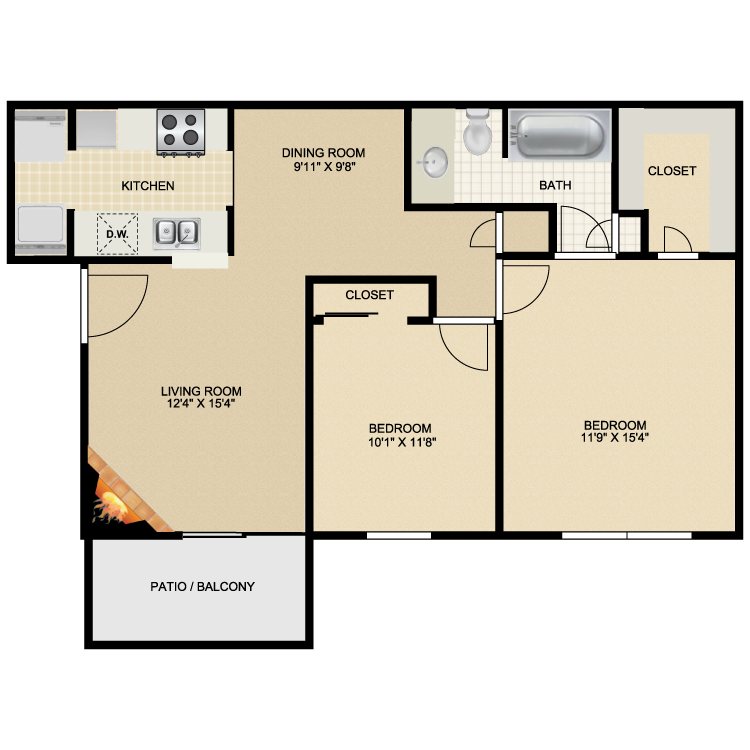 Inviting floor plan showcasing 2 bedrooms, a cozy living room, modern kitchen, and dining area, featuring a patio/balcony access.