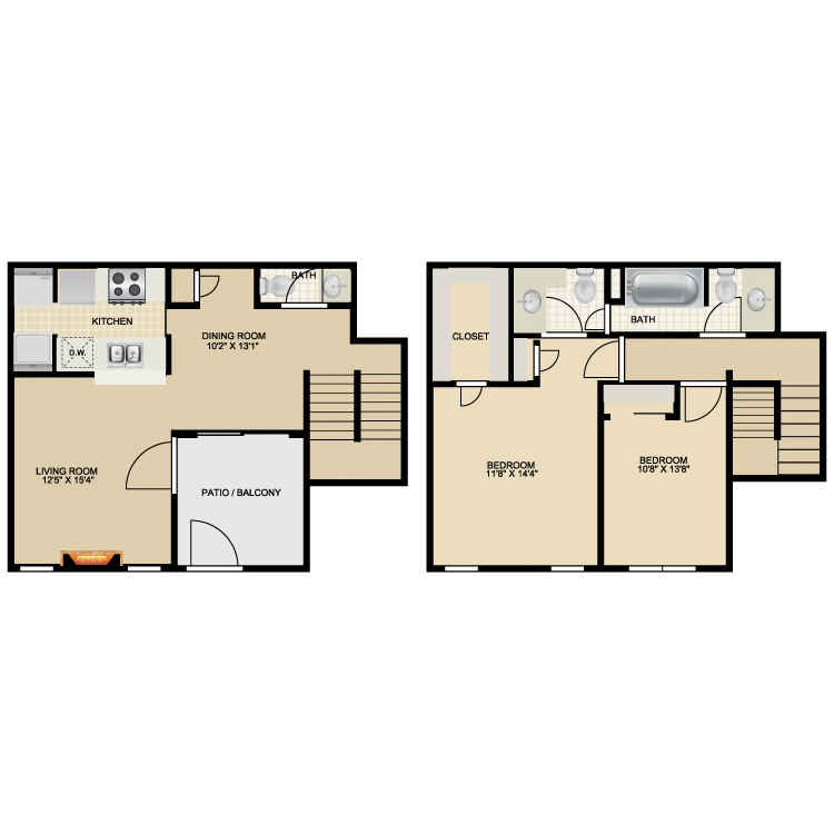 Modern two-level floor plan showcasing an open kitchen, spacious living room, and private patio on the first floor; two cozy bedrooms and a full bathroom on the second floor. Perfect for comfortable living.