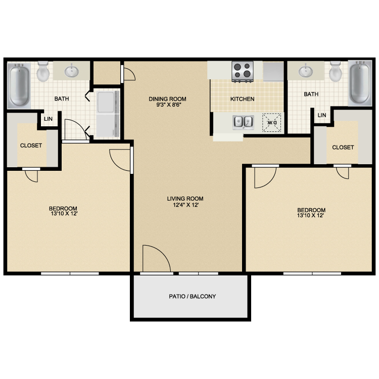 Elegant floor plan with two spacious bedrooms, stylish kitchen, open living area, dining room, and a private patio.