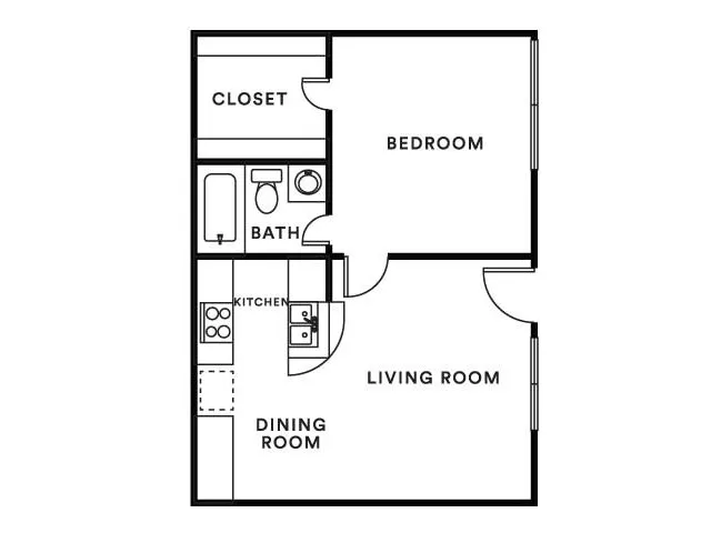 Charming 2D floor plan with a cozy bedroom, inviting living room, modern bathroom, and compact kitchen with dining area.