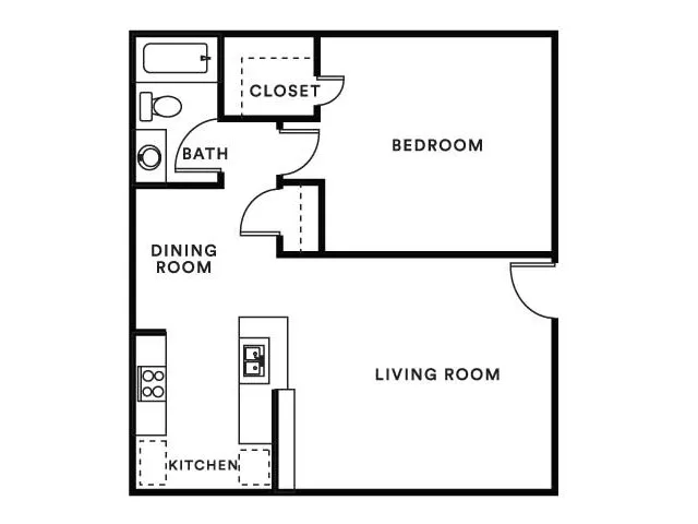 Chic 1-bedroom apartment floor plan featuring an inviting living room, cozy dining area, well-equipped kitchen, and a modern bathroom with closet.