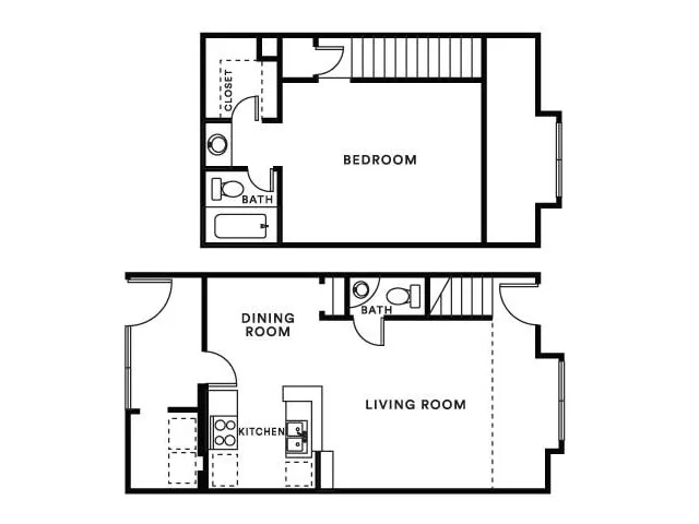 Modern two-story floor plan showcasing a spacious bedroom, stylish kitchen, and inviting living room. Includes ample closet space and two bathrooms, perfect for comfortable living.