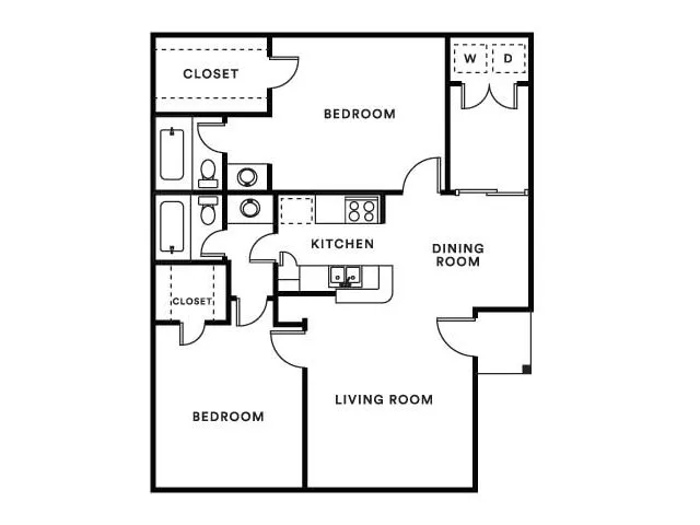Chic floor plan featuring 2 bedrooms, an open kitchen adjacent to a dining area, and a cozy living room with modern design.