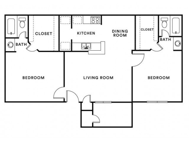 Modern 2D floor plan showcasing 2 spacious bedrooms, a cozy living room, sleek kitchen, dining area, and 2 elegant bathrooms with ample closet space.
