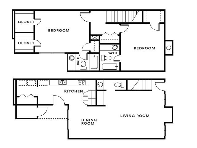 Modern multi-level floor plan displaying 2 spacious bedrooms, a sleek kitchen, elegant dining room, and inviting living room.
