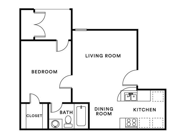 Inviting floor plan featuring a spacious bedroom, a cozy living room, and a combined kitchen and dining area for seamless living.
