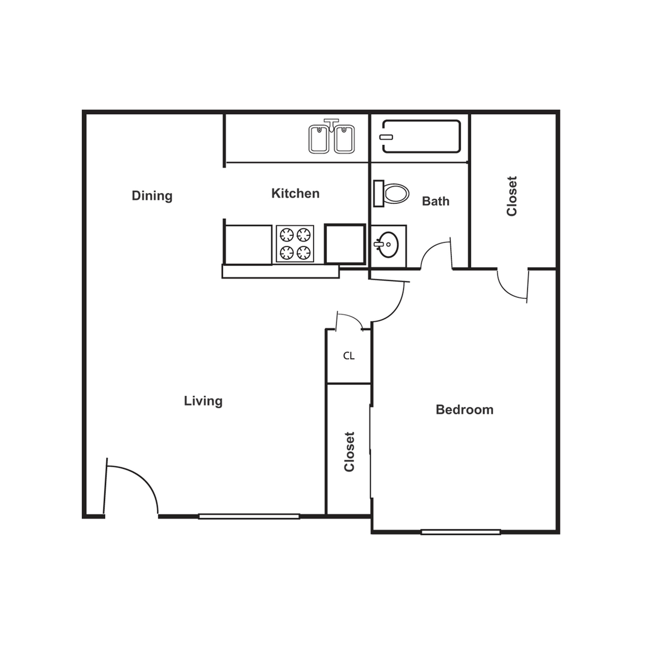 Modern floor plan showcasing a one-bedroom apartment with an open living-dining area, efficient kitchen, full bath, and ample closet space.