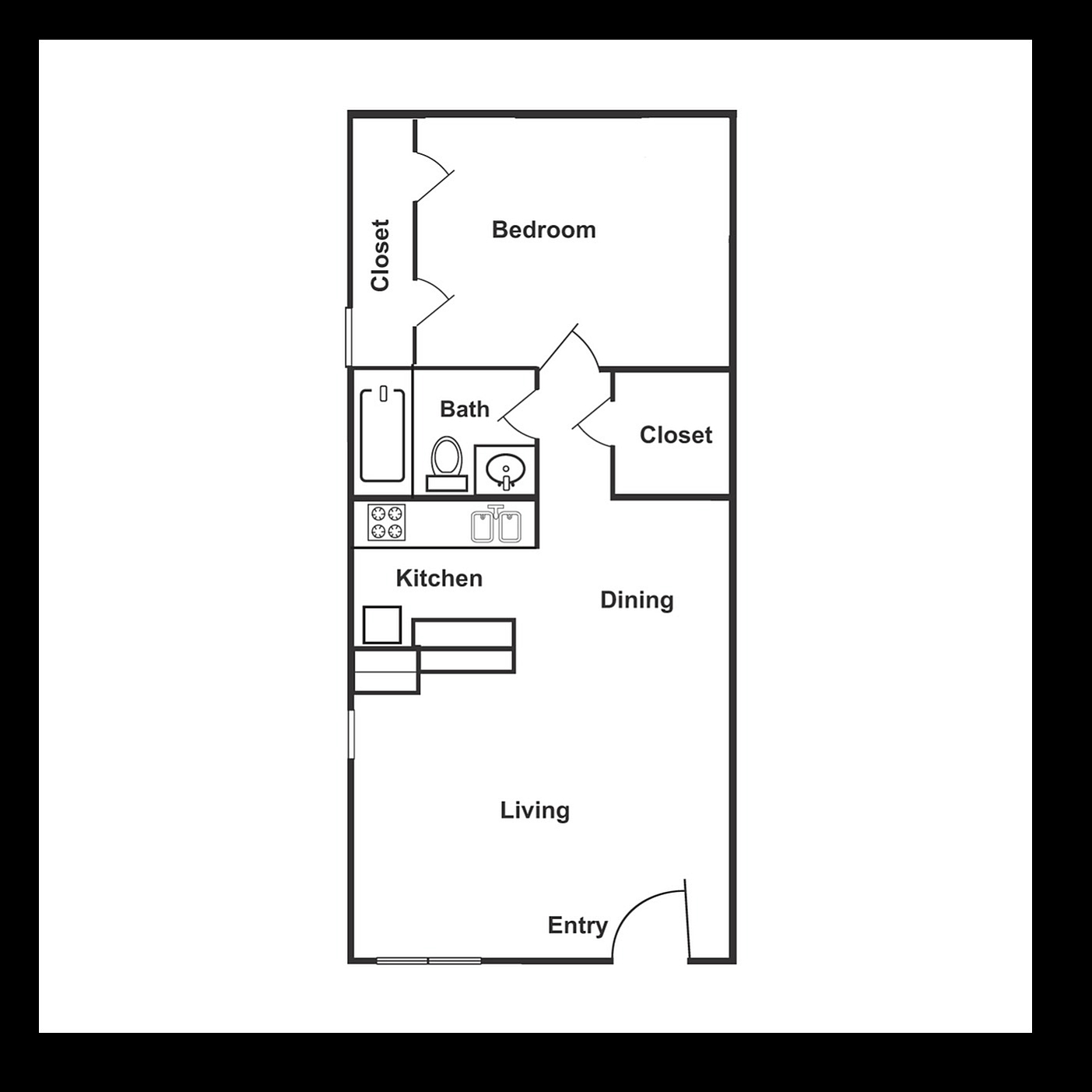 Inviting apartment floor plan showcasing one bedroom, a modern kitchen, spacious living and dining areas, complete with generous storage and a stylish bathroom.