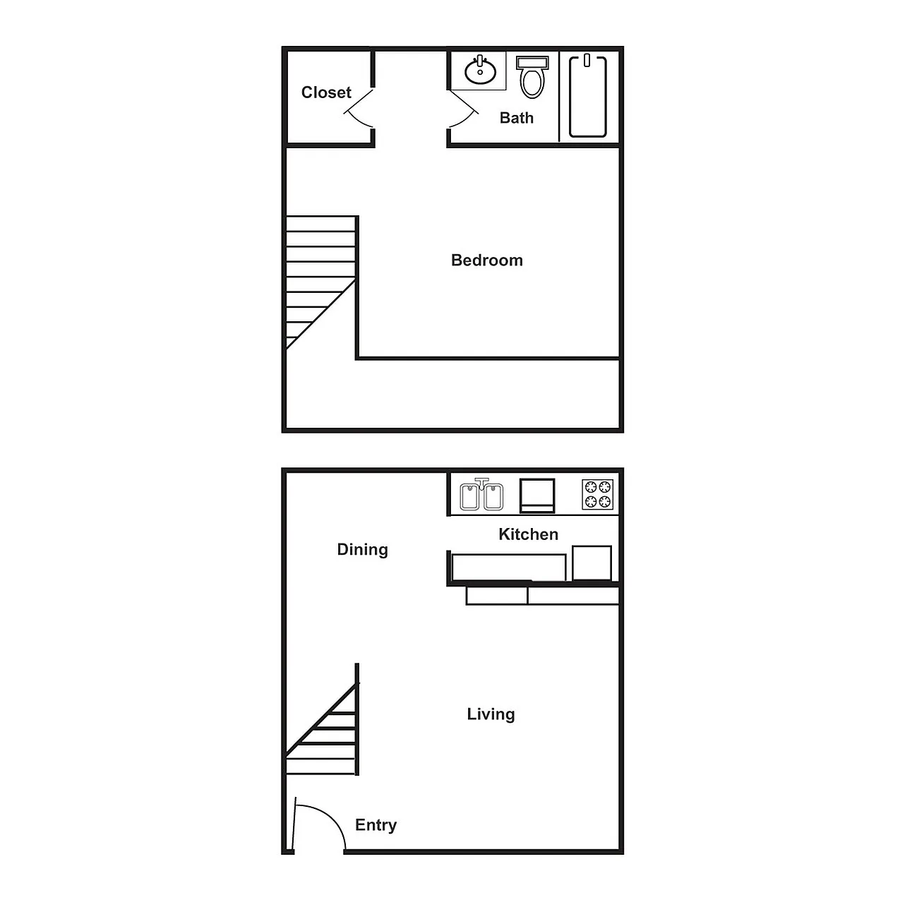 Modern two-level floor plan featuring a spacious bedroom with a closet, stylish bath, open-plan kitchen and dining area, and inviting living room.