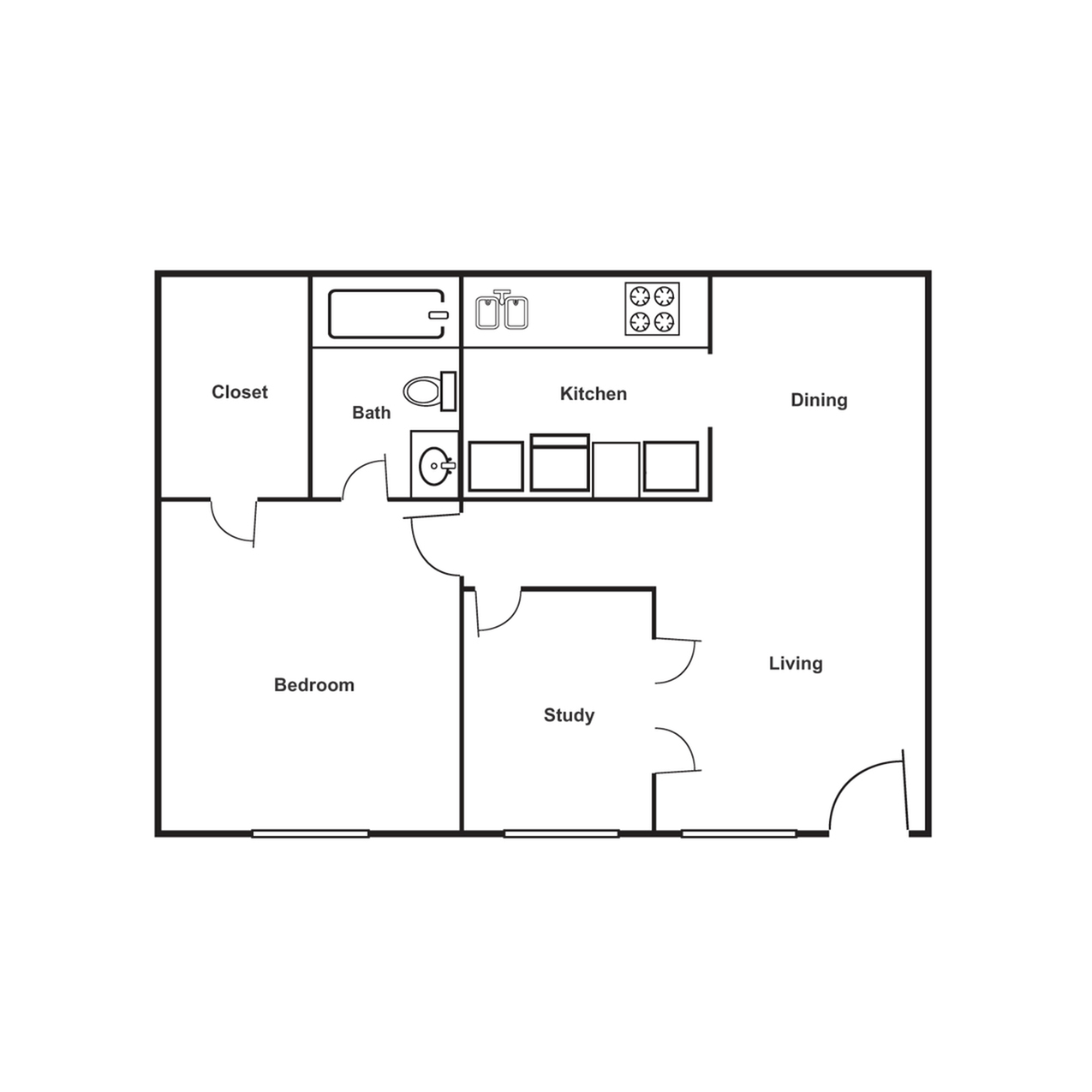 Modern 2D floor plan featuring a spacious bedroom, study, open kitchen, dining, and living area.