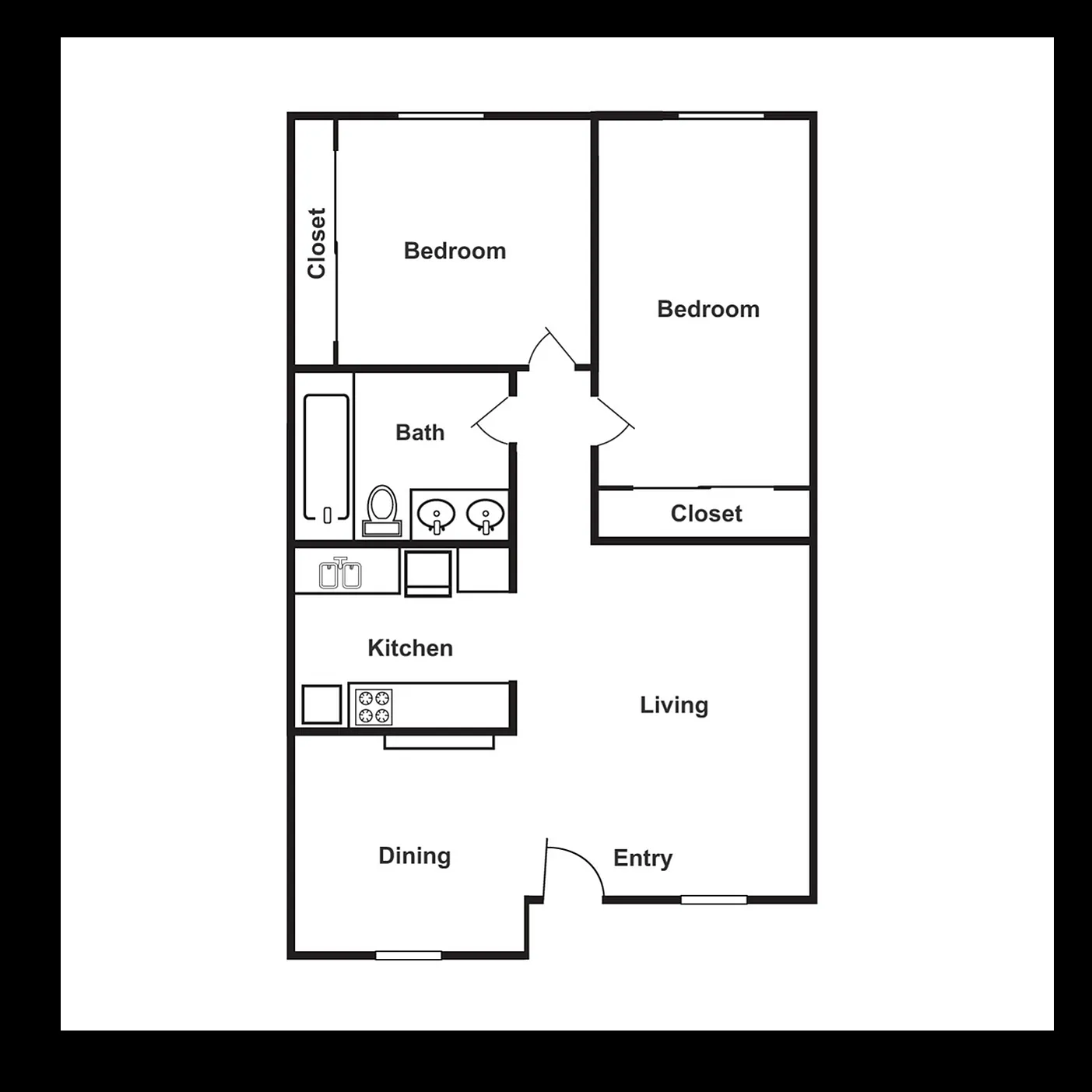 Modern floor plan showcasing 2 bedrooms, a sleek kitchen, and an inviting living-dining area with ample storage space.