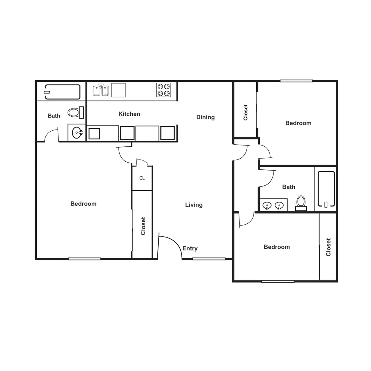 Modern floor plan showcasing 3 bedrooms, open dining and living area, and a streamlined kitchen for contemporary living.