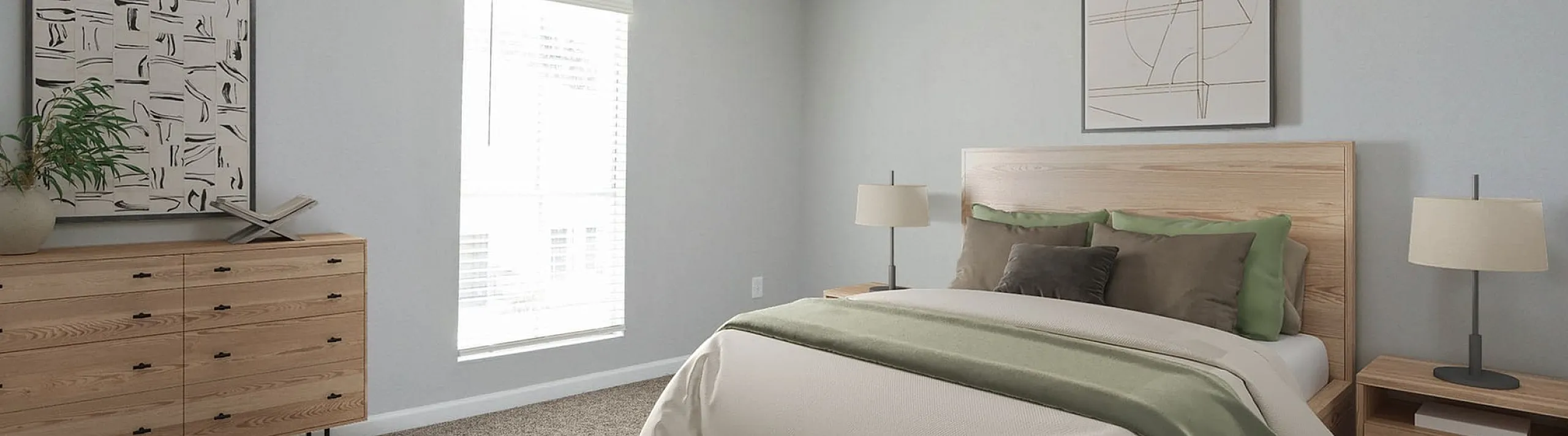 Inviting bedroom with a cozy bed, elegant ceiling fan, and stylish modern decor, bathed in natural light from a large window.