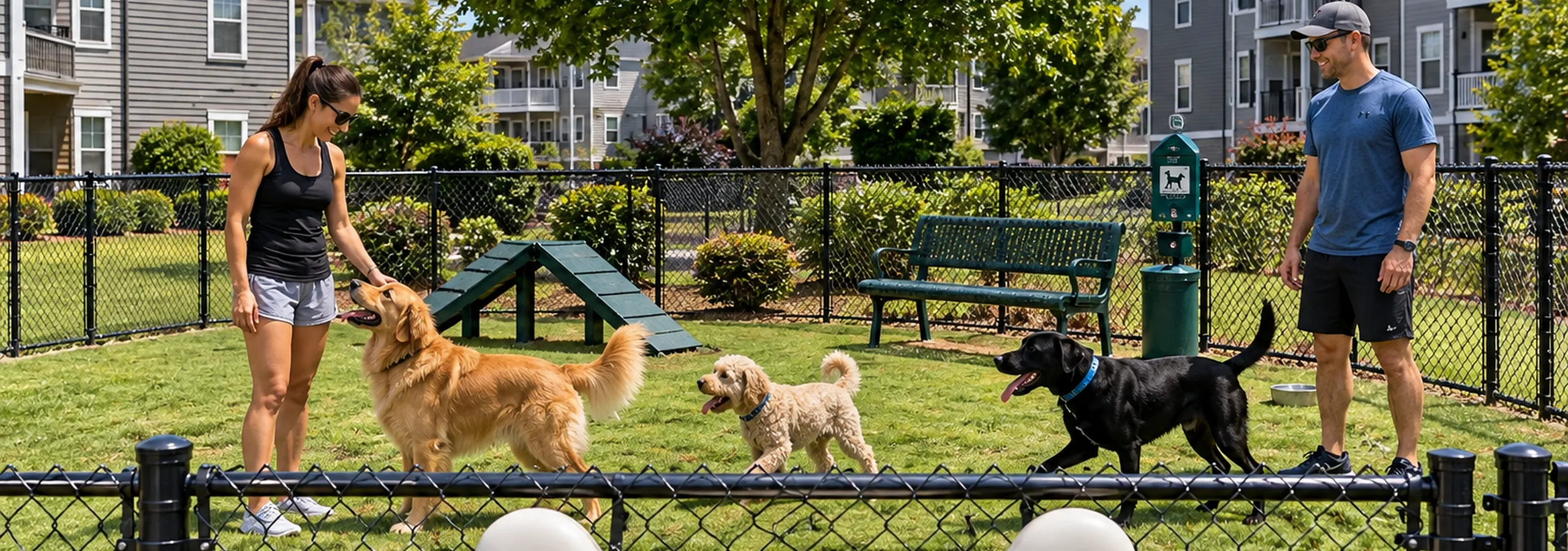 Inviting apartment complex with expansive green spaces and a dedicated dog park for residents.