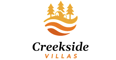 Elegant logo for Pinewood Estates Villas featuring a warm, inviting design with trees and houses on a hill.