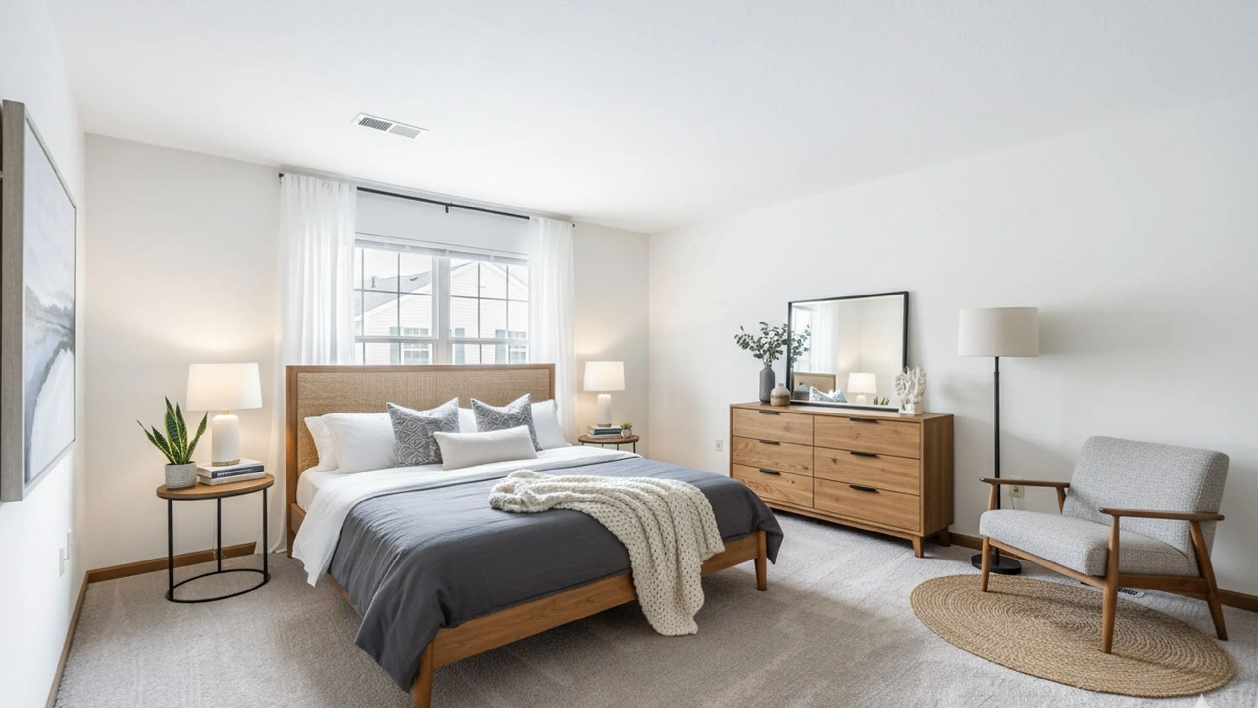 Bright and inviting bedroom with modern decor, featuring a cozy bed, stylish dresser, and elegant lighting, exuding a warm and welcoming atmosphere.