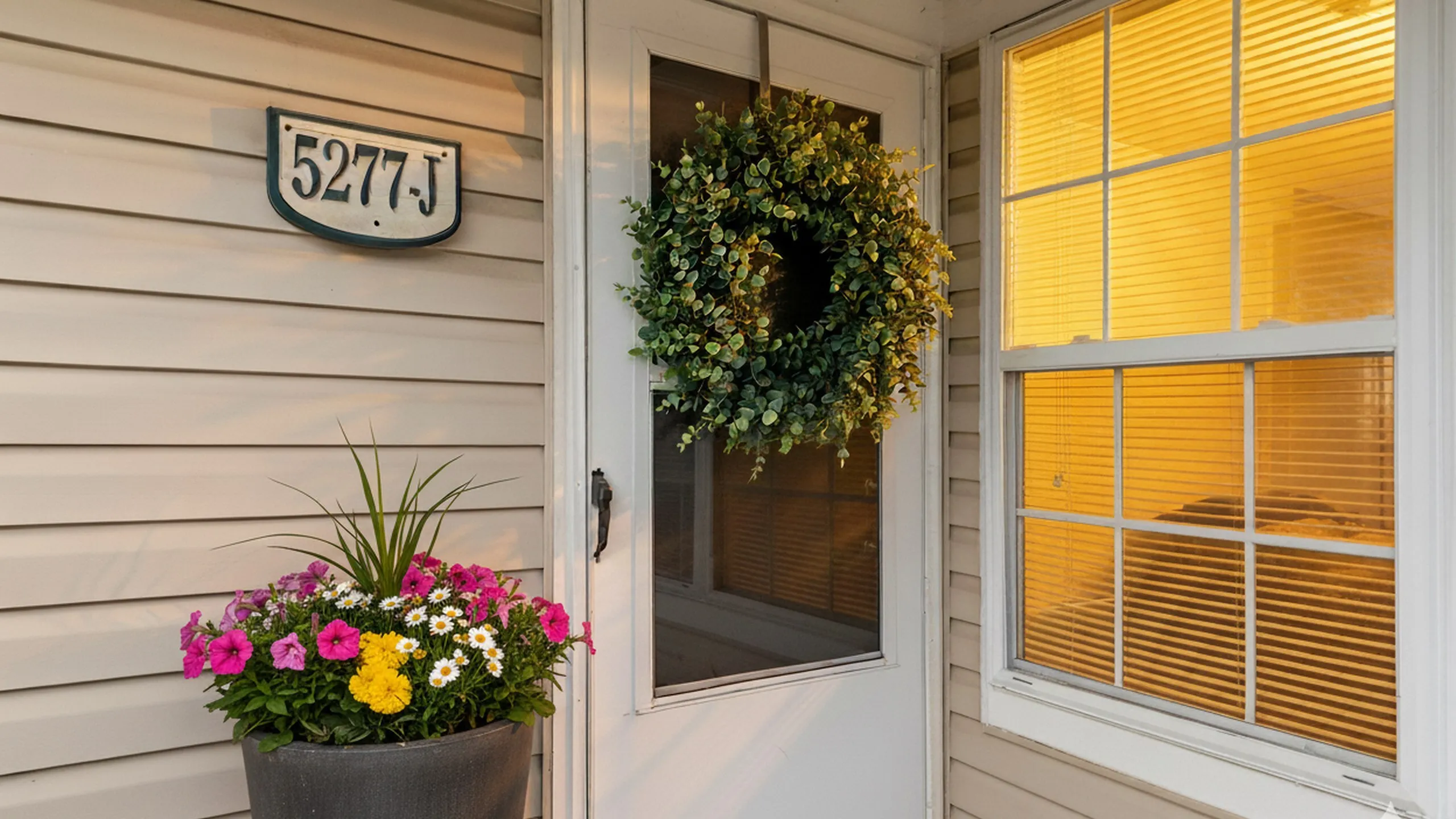 Charming entryway with a welcoming green wreath and vibrant flower pot, offering curb appeal and inviting warmth.