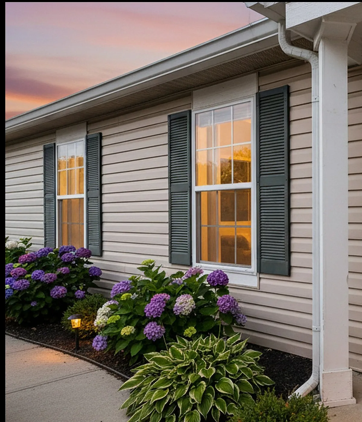 Inviting exterior of a charming home with elegant siding, a glowing porch light, and vibrant hydrangea bushes enhancing the walkway.