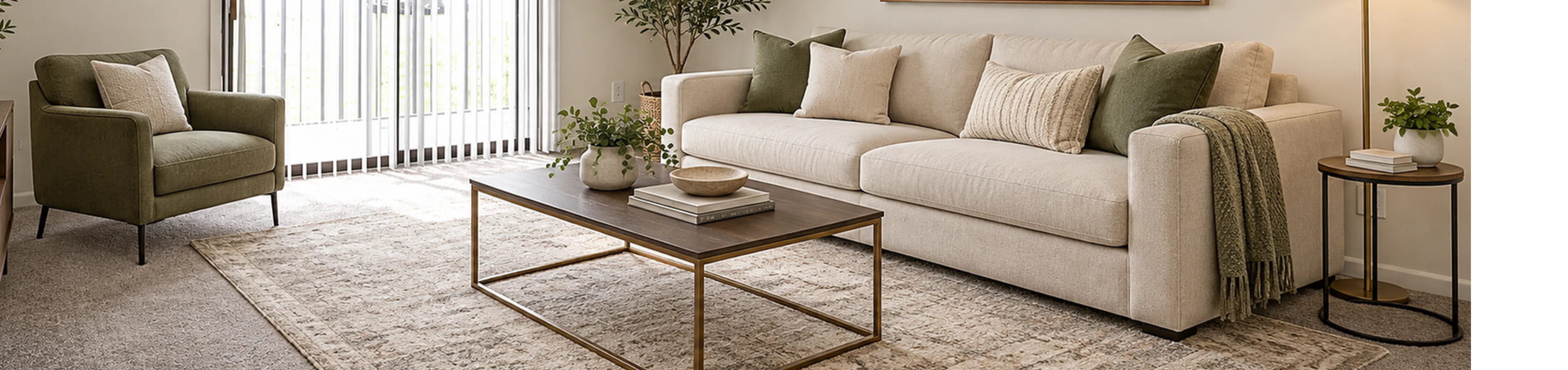 Elegant living room with a plush beige sofa, accented by green cushions, cozy armchair, and tasteful decor including a landscape painting and potted plants.