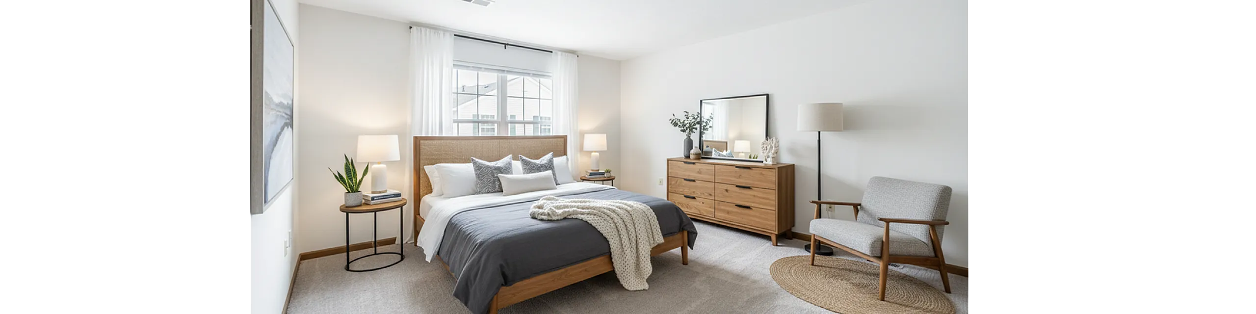 Bright and cozy bedroom featuring a stylish wooden bed, plush pillows, and contemporary d&eacute;cor, perfect for relaxation.