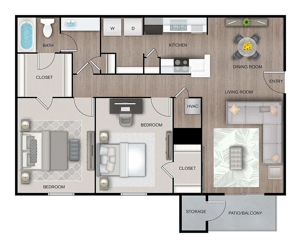 Modern floor plan highlighting two spacious bedrooms, a stylish kitchen, and an inviting living room with patio access. Total area of 1,010 sq ft, complete with dining space and ample storage.