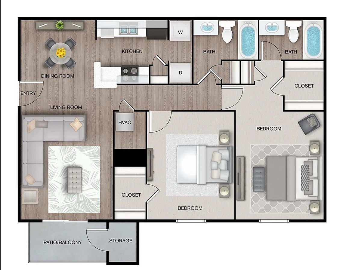 Inviting 2D floor plan featuring 2 spacious bedrooms, stylish living room, modern kitchen, and balcony, with 2 baths in a 1,010 sq ft layout.