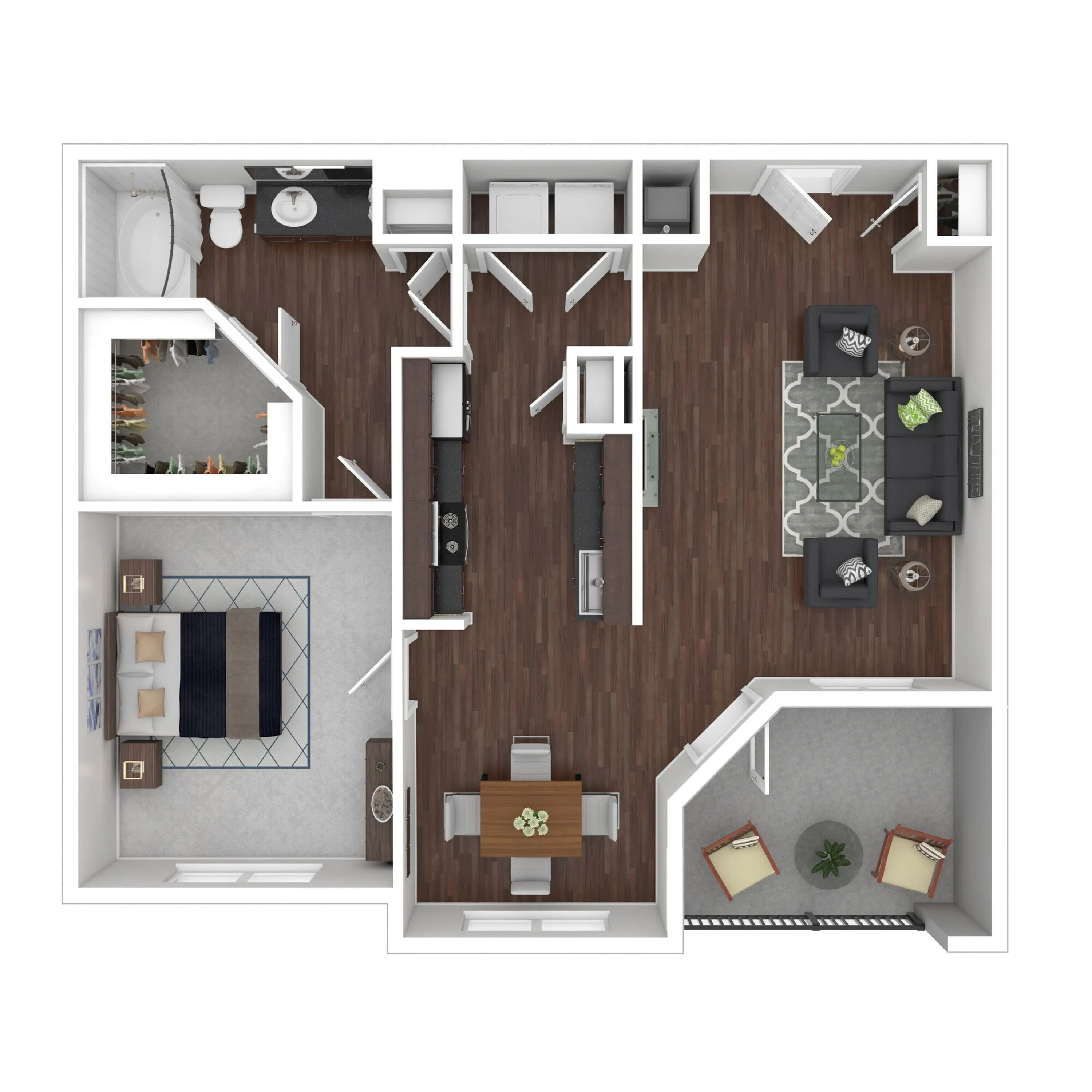 Elegant floor plan with two bedrooms, modern kitchen, cozy living area, stylish dining room, and inviting patio space.