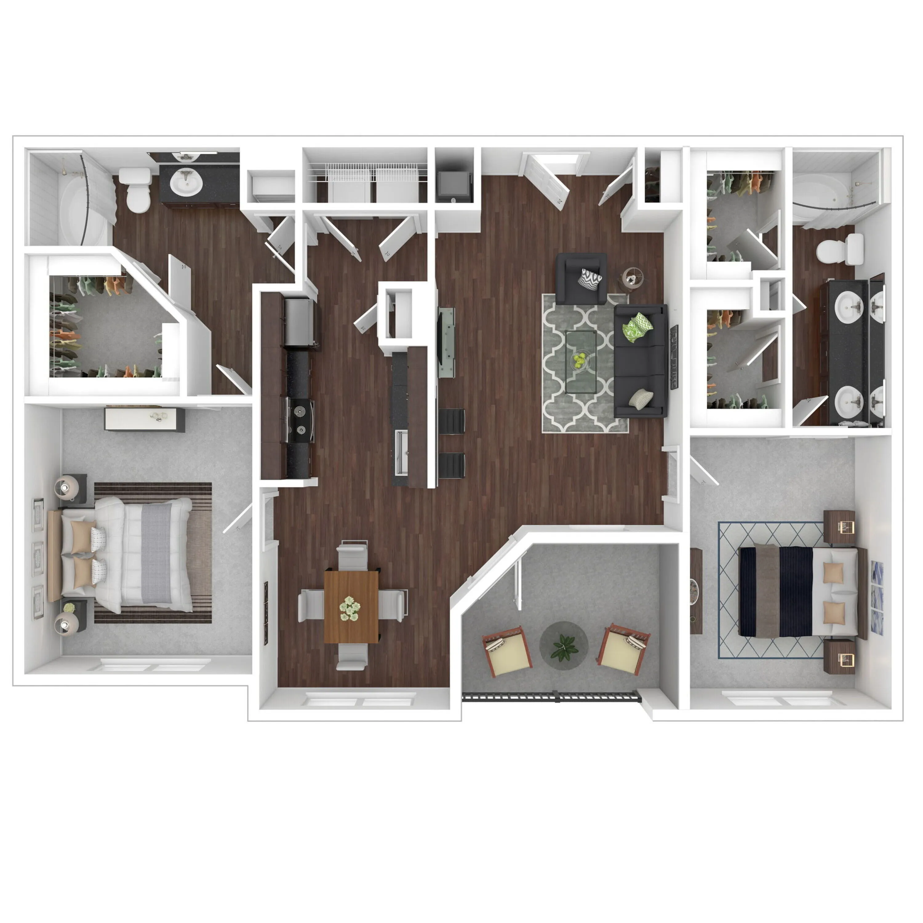 Contemporary 3D floor plan showcasing 2 bedrooms with en-suite bathrooms, open-concept kitchen, cozy living room, and private balcony.