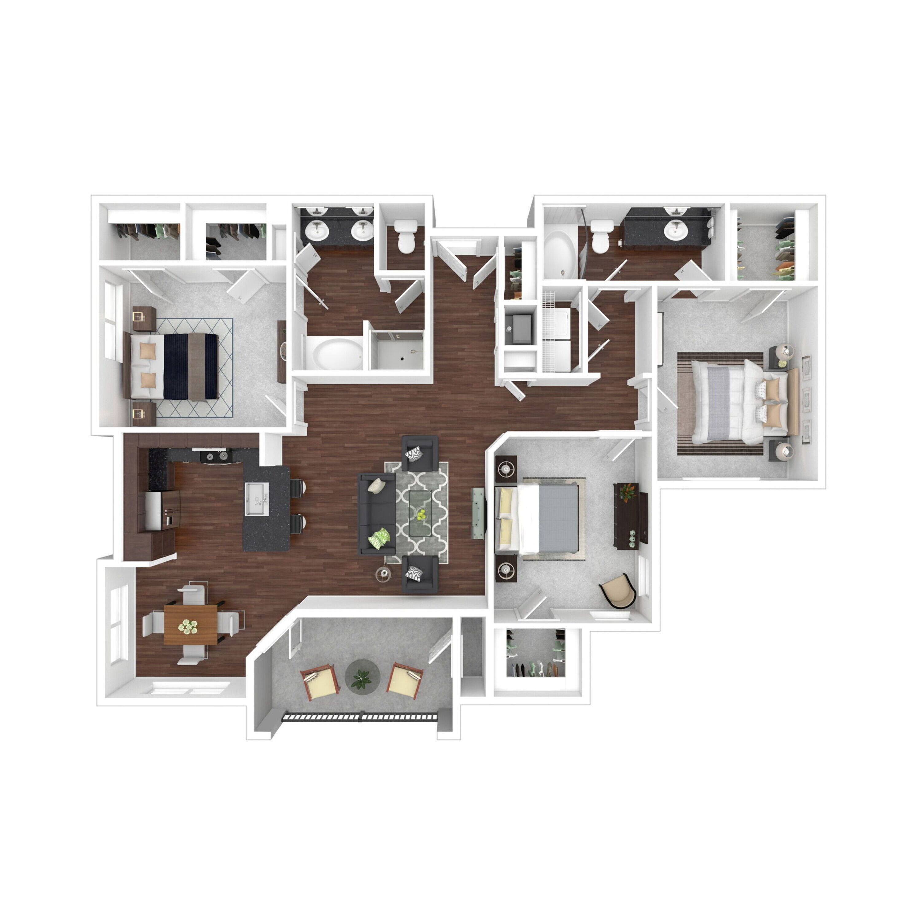 Modern apartment floor plan showcasing 3 bedrooms, spacious open-plan living and dining area, contemporary kitchen, and two luxurious bathrooms.