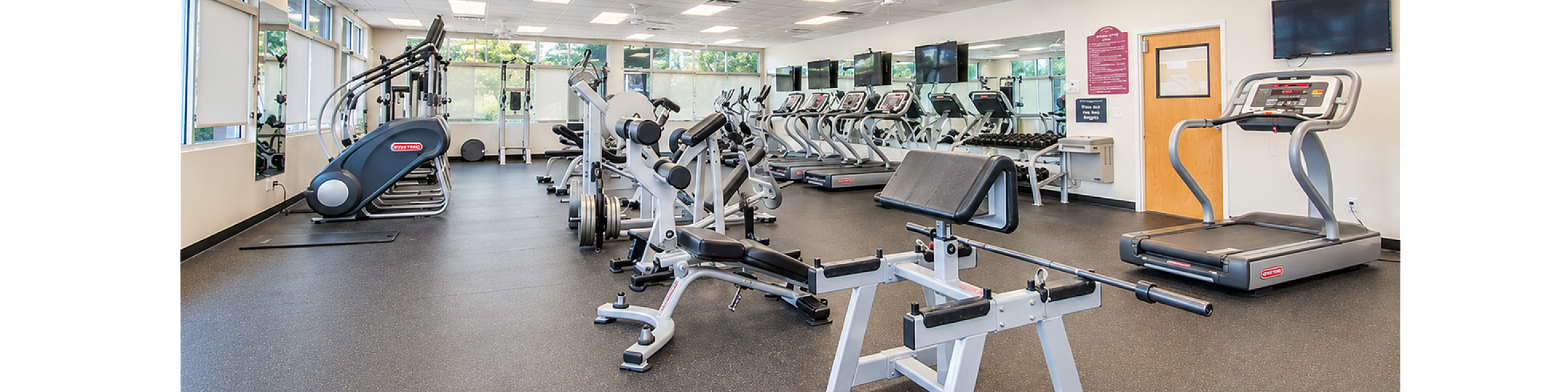 Bright and spacious gym with state-of-the-art exercise equipment, including treadmills, stationary bikes, and weight machines for a comprehensive workout experience.