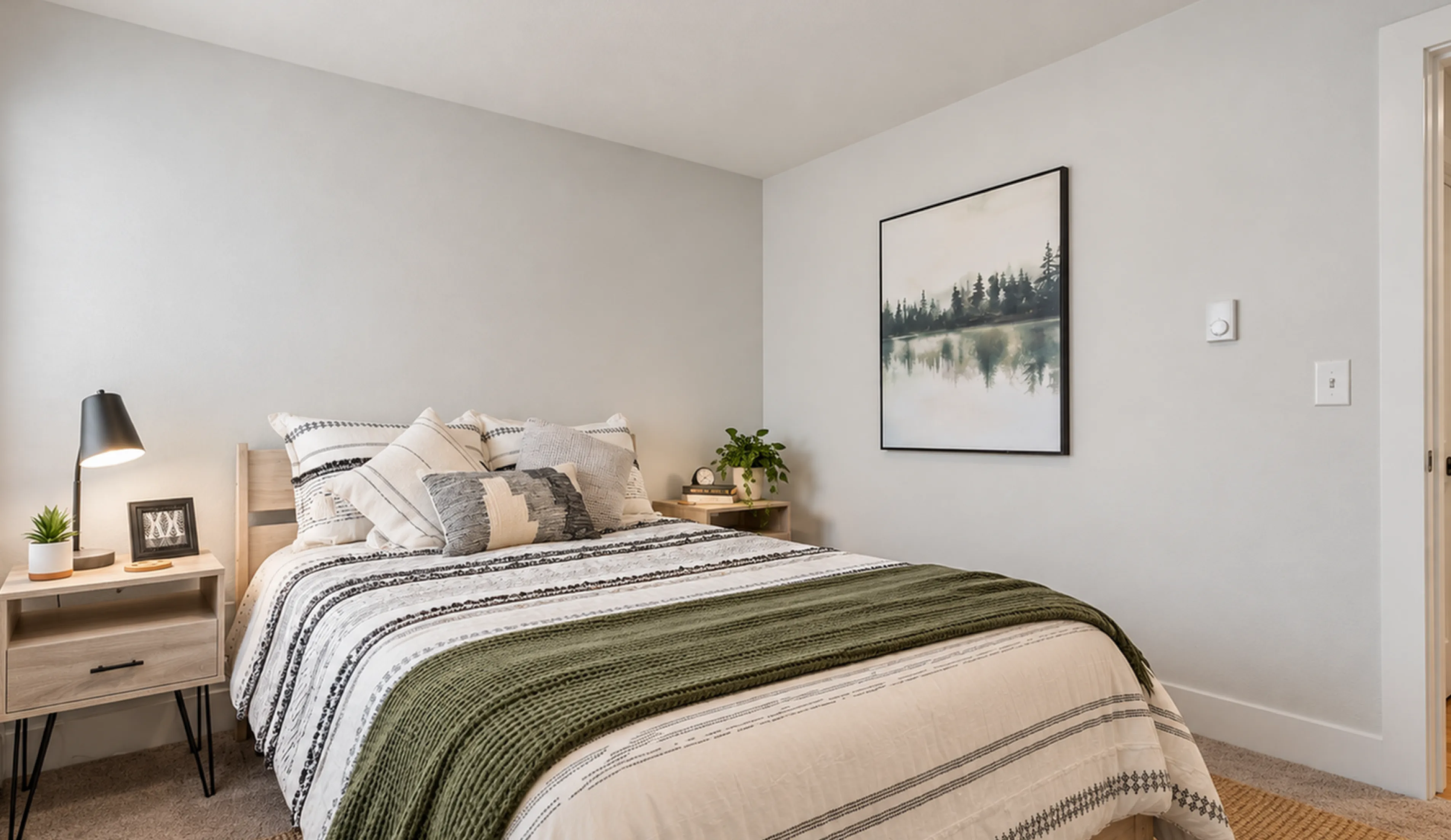 Cozy bedroom with a stylish modern design, featuring a comfy bed with decorative pillows, a wooden nightstand, and soothing wall art.