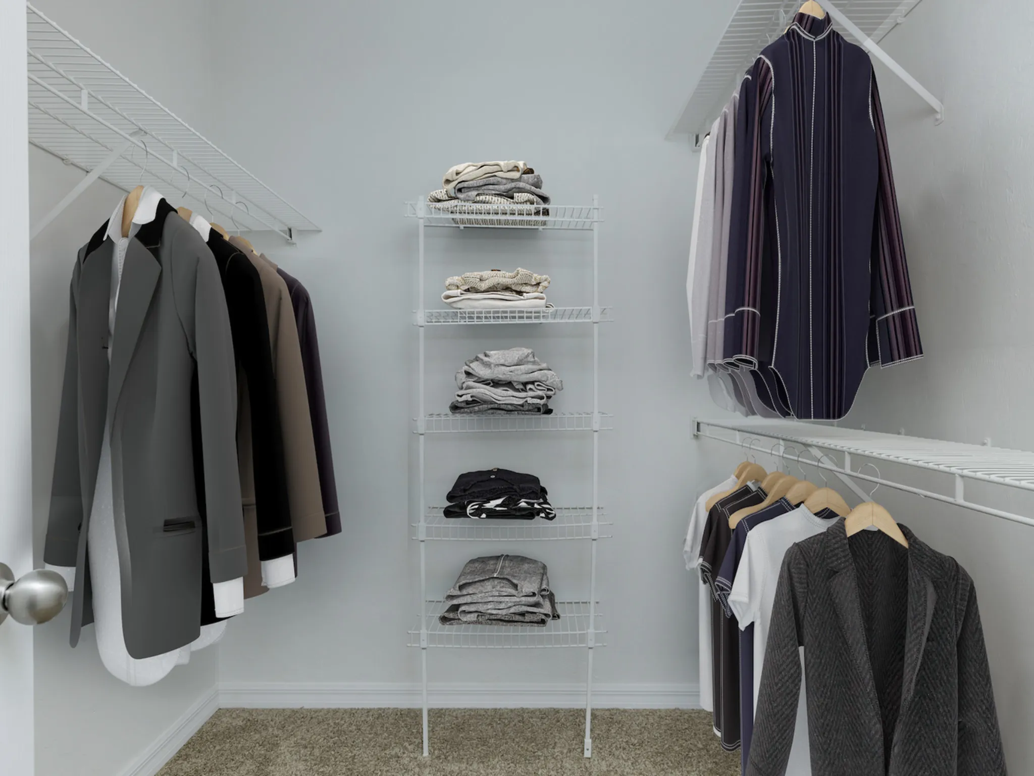 Master closet with shelves and hanging clothes.