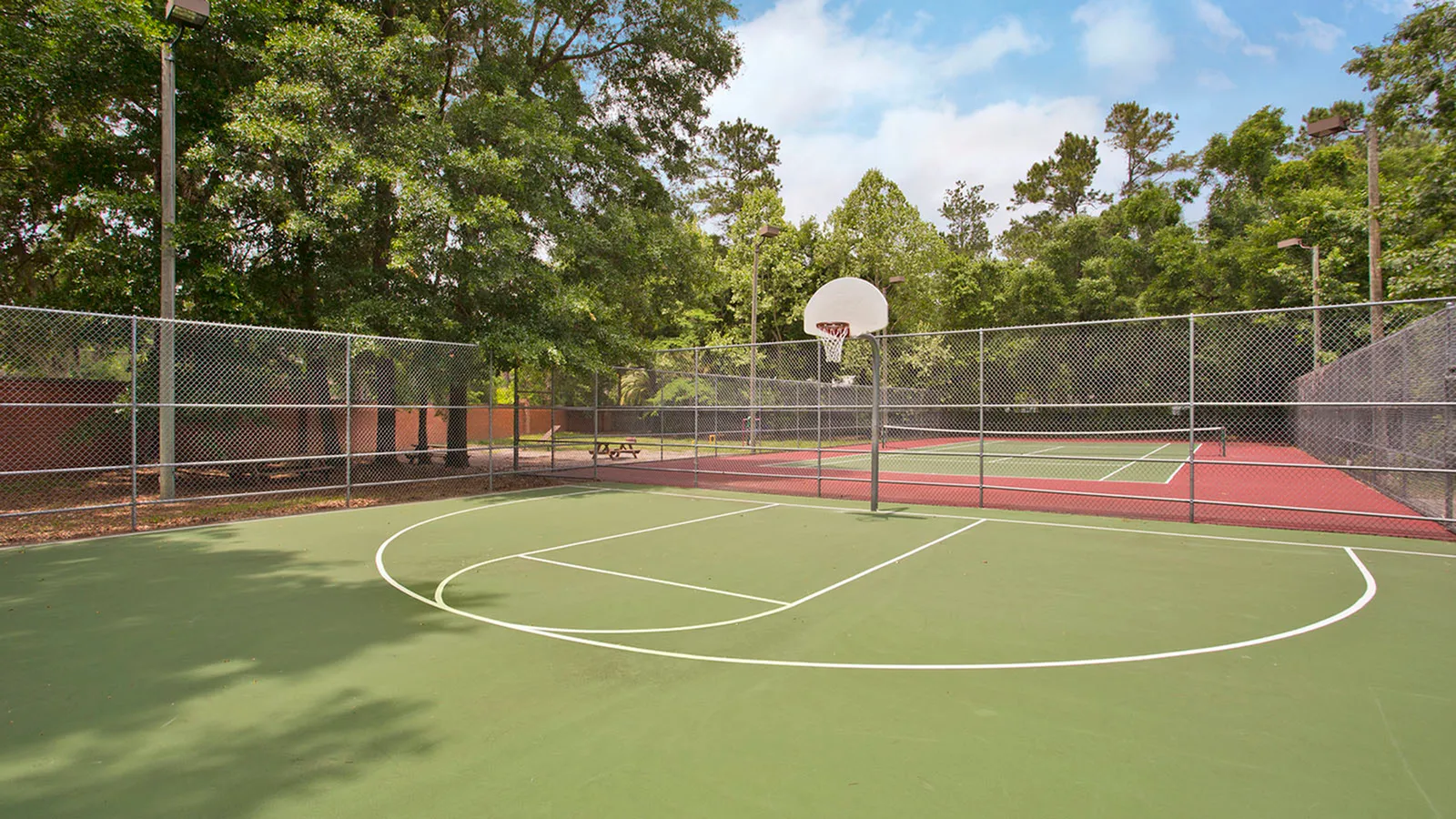 Half basketball court with tennis court and trees in background.