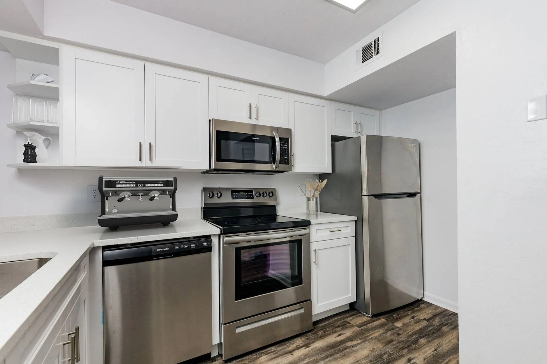 Kitchen with stainless steel appliances.