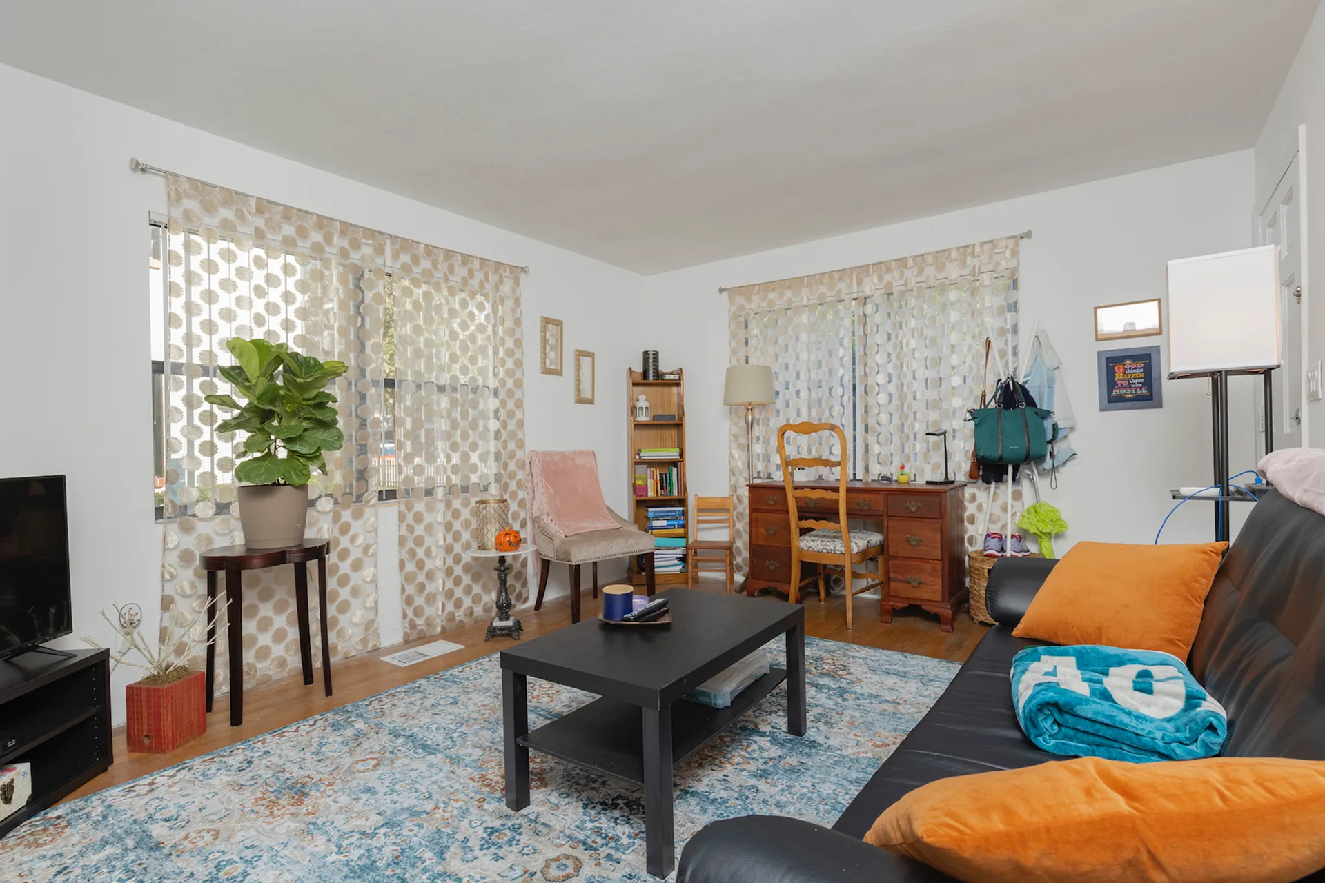 Living room with windows, hardwood floors, white and blue area rug, couch with orange pillows, desk and coffee table.