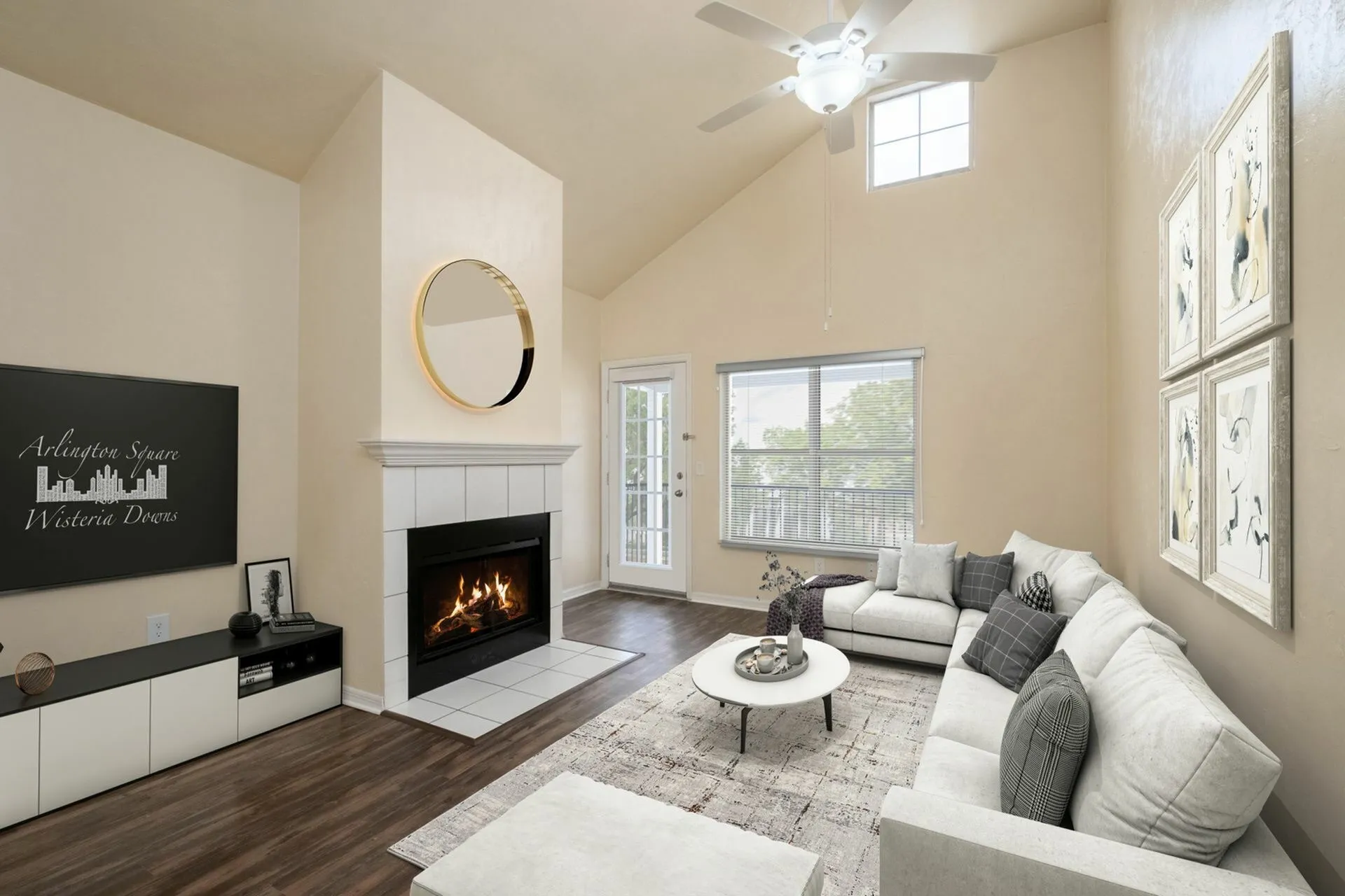 Living room with tv, fireplace and vaulted ceilings