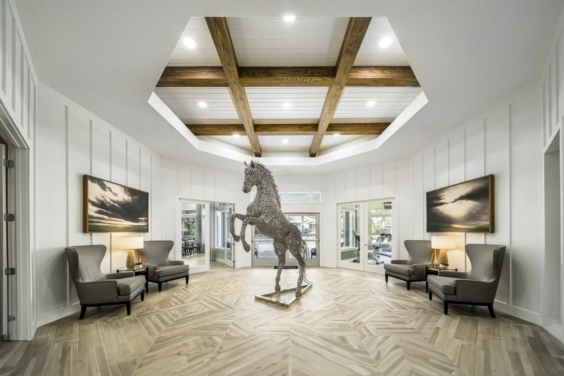 Clubhouse lobby with large horse statue