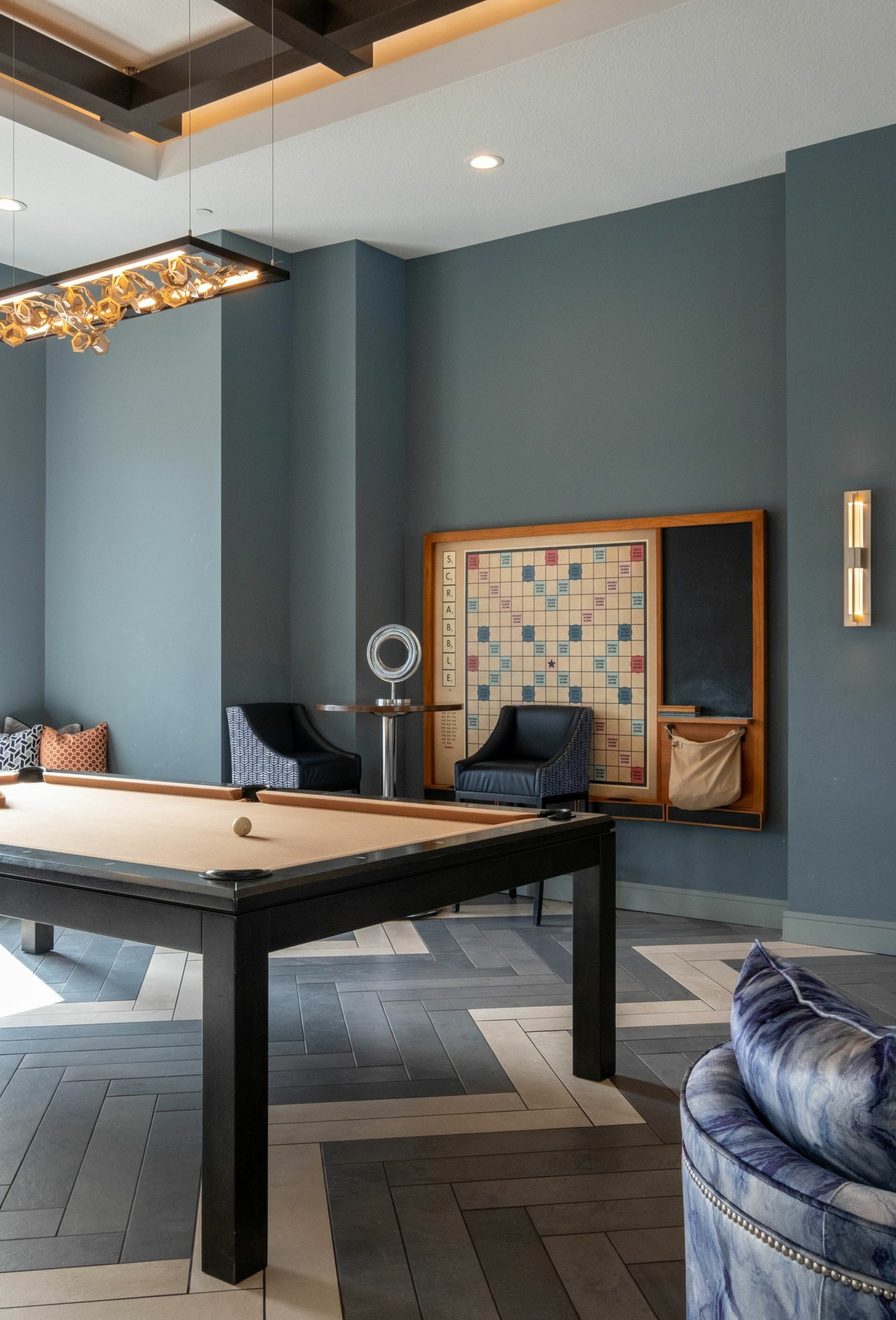 Game room with pool table and large scrabble