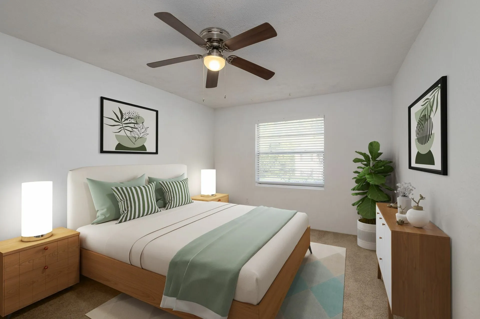 Carpeted bedroom with contemporary furniture, walk in closet, and door to the hallway of the apartment.