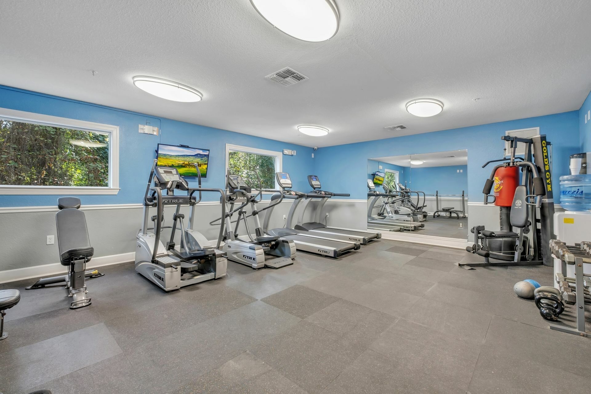 Community gym with chest press and boxing equipment.