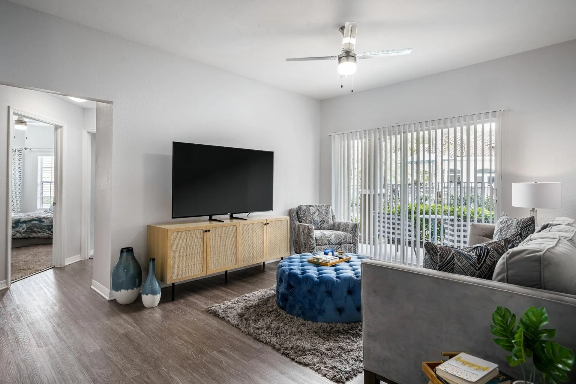 Living room with couch and ottoman