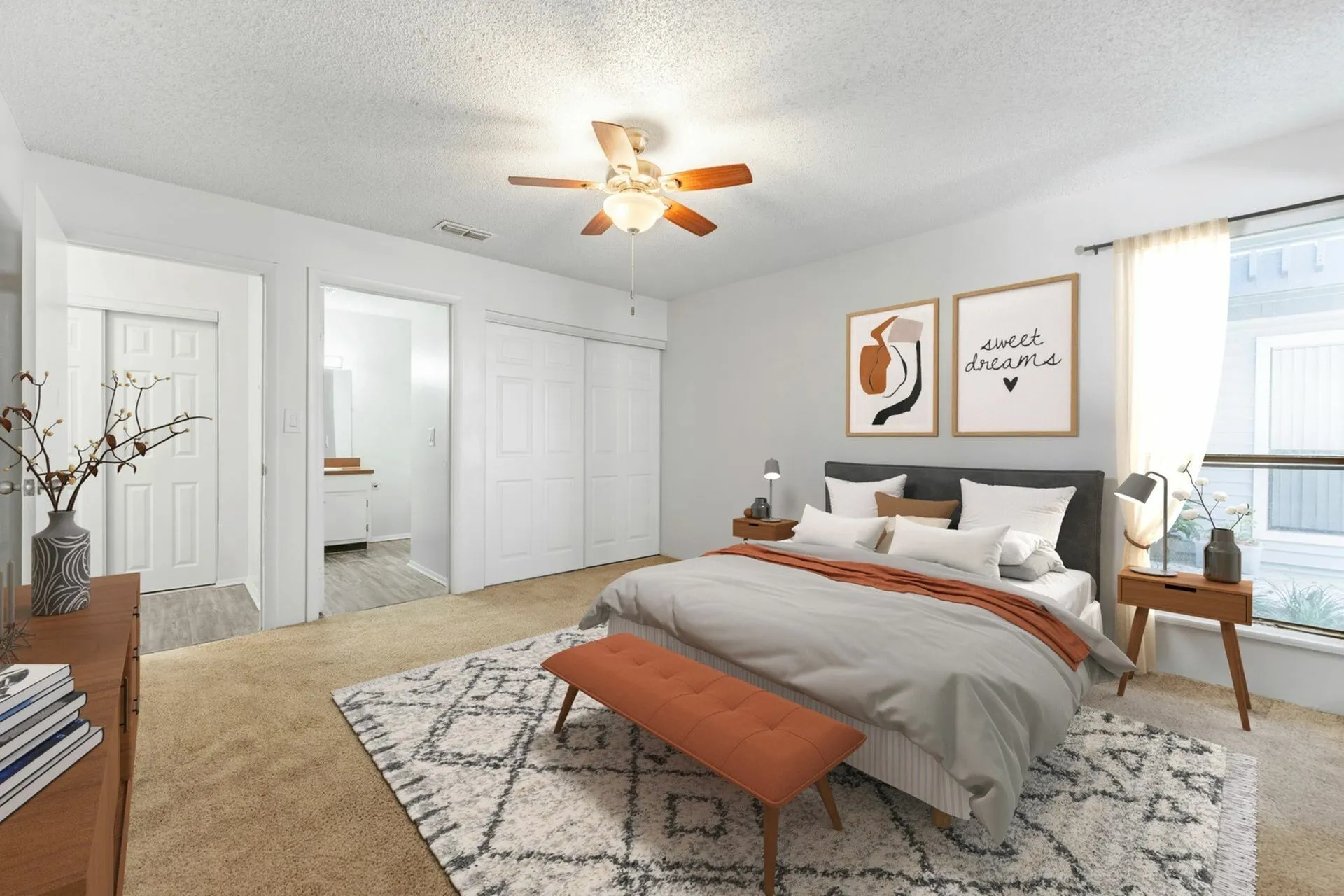 Carpeted bedroom with modern furniture. .