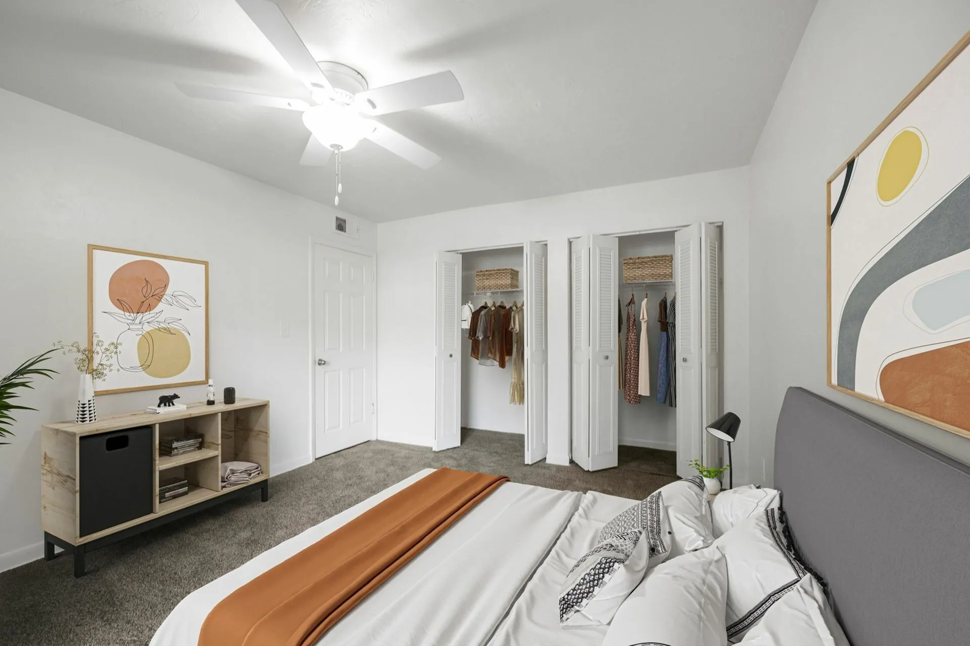 Bedroom with open closets