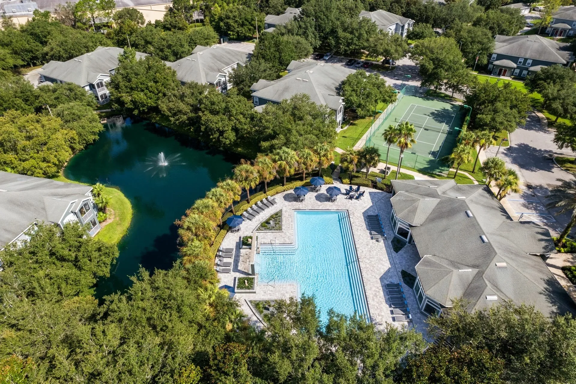 Aerial photo with community and pool