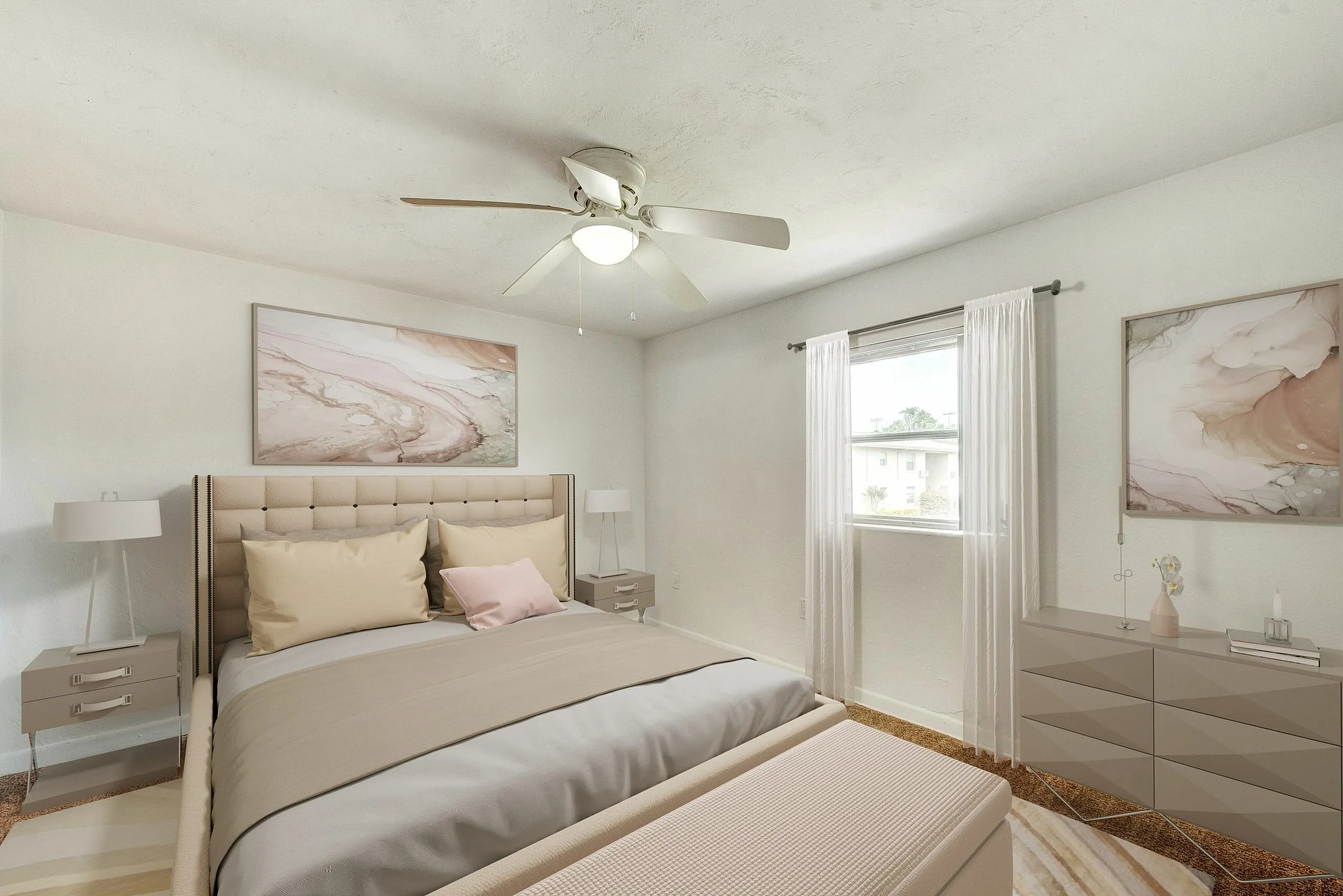 Bright and elegant bedroom featuring a plush bed with neutral-toned linens, chic bedside tables with lamps, and modern abstract artwork. Natural light floods through a large window with sheer curtains, creating a serene and inviting atmosphere.