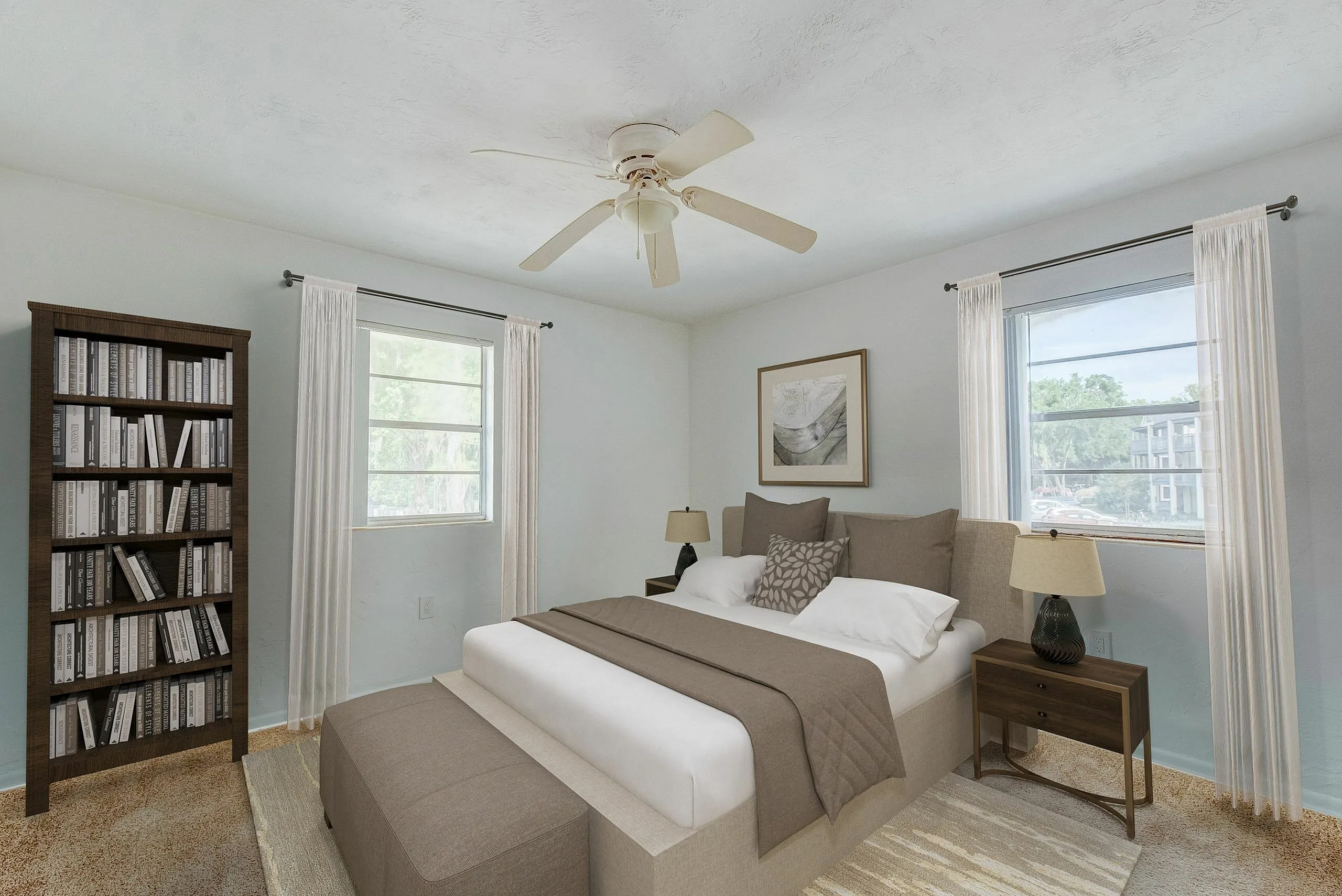 Inviting bedroom with cozy decor, elegant wooden bookshelf, and soft natural light through large windows.