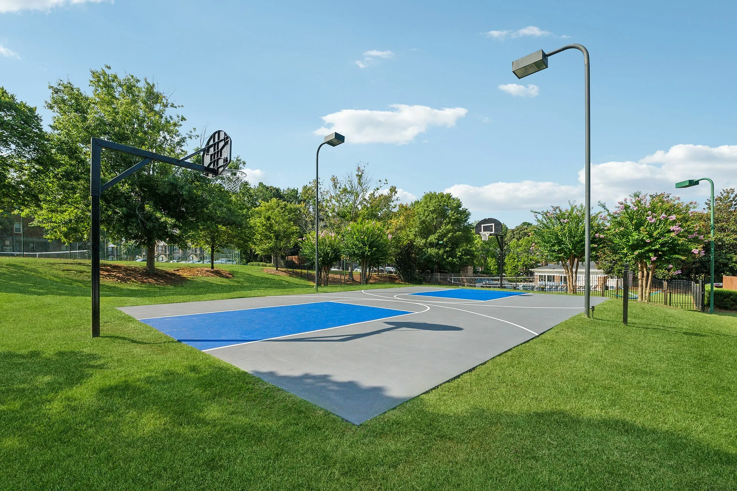 Vibrant outdoor basketball court surrounded by lush green lawns and tall trees, perfect for active recreation and leisure.